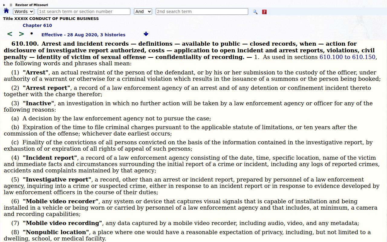 Missouri arrest record law for Ralls County arrest searches