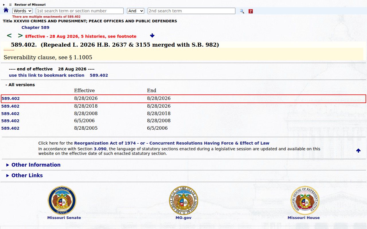 Missouri statute governing public sex offender registry information